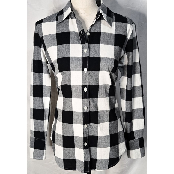 Norma Kamali Button Down Flannel Shirt Black White Buffalo Check Plaid Fitted - Picture 2 of 5